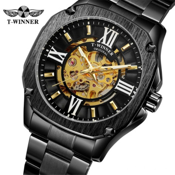 Fashion WINNER 292 Men Automatic Mechanical Watch Rose Golden Hollow Skeleton Watches Stainless Steel Male Waterproof Clock